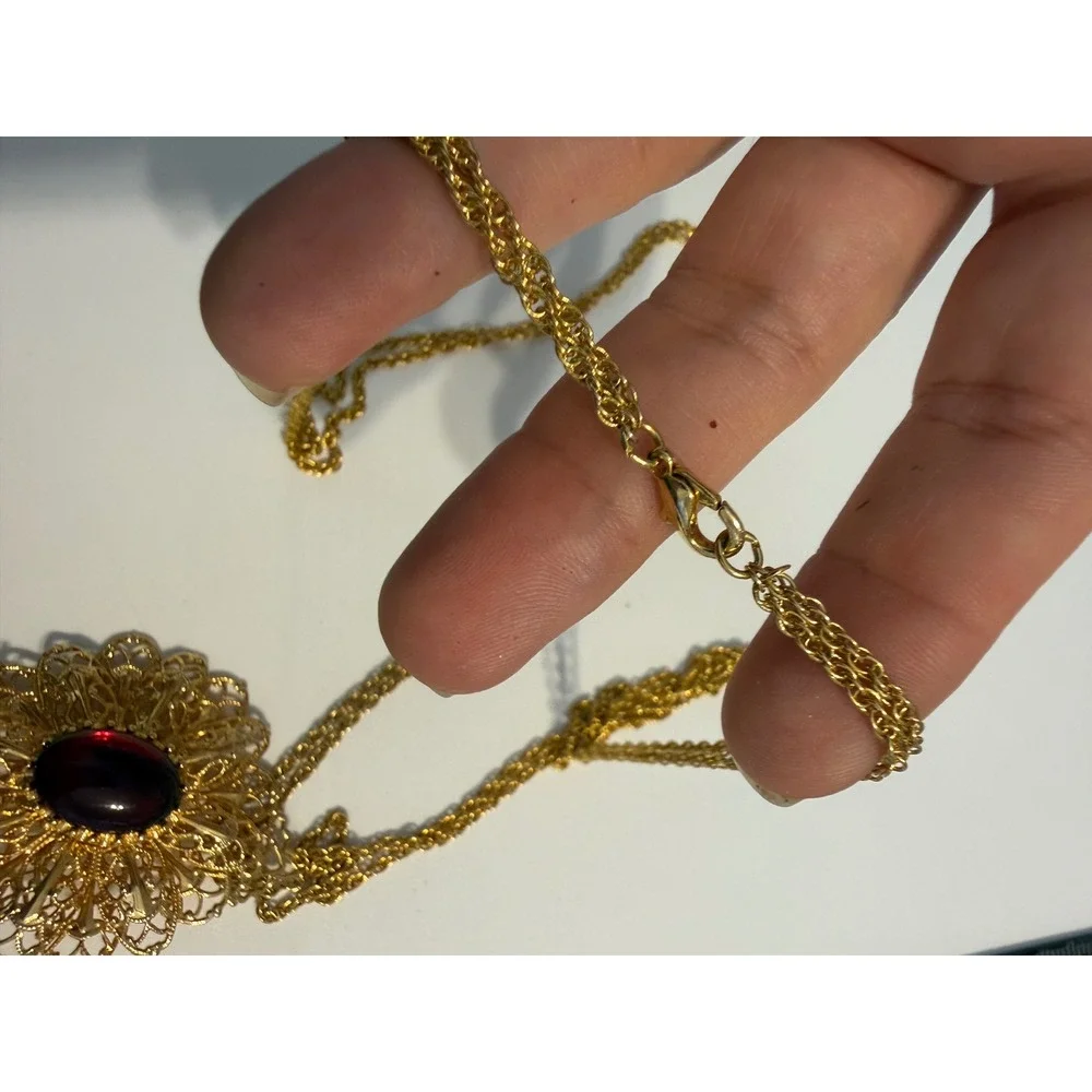 Vintage‎ Gold Tone Filigree Slide Necklace Ruby Red Cabochon Faux Pearl Dangle